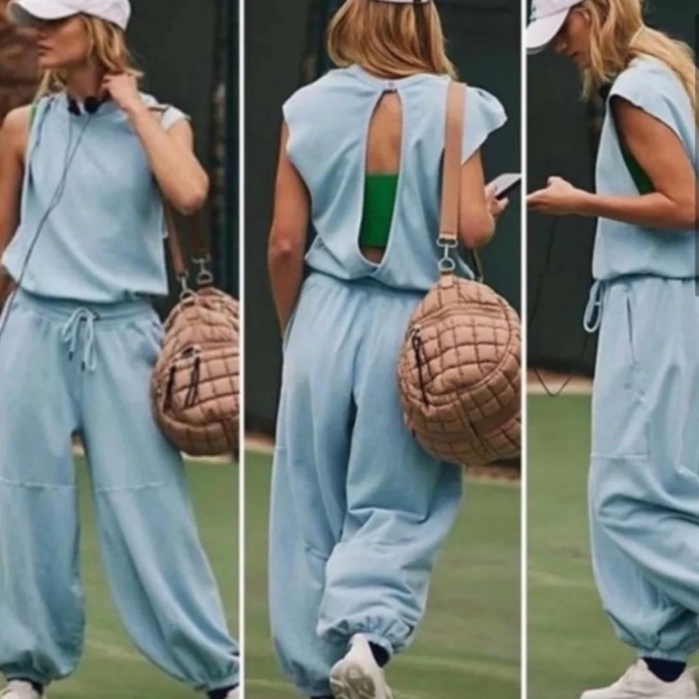 Free People Light Blue Sleeveless Jogger Jumpsuit